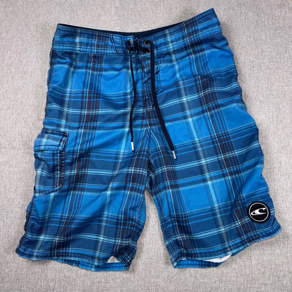 ONeill Mens Blue Plaid Board Shorts Swim Trunks Size 27 Cargo Pocket